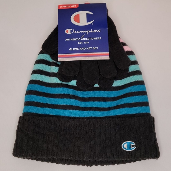 💰NWT! CHAMPION ▪︎ STRIPED HAT AND GLOVE SET ▪︎ ONE SIZE - Picture 1 of 8